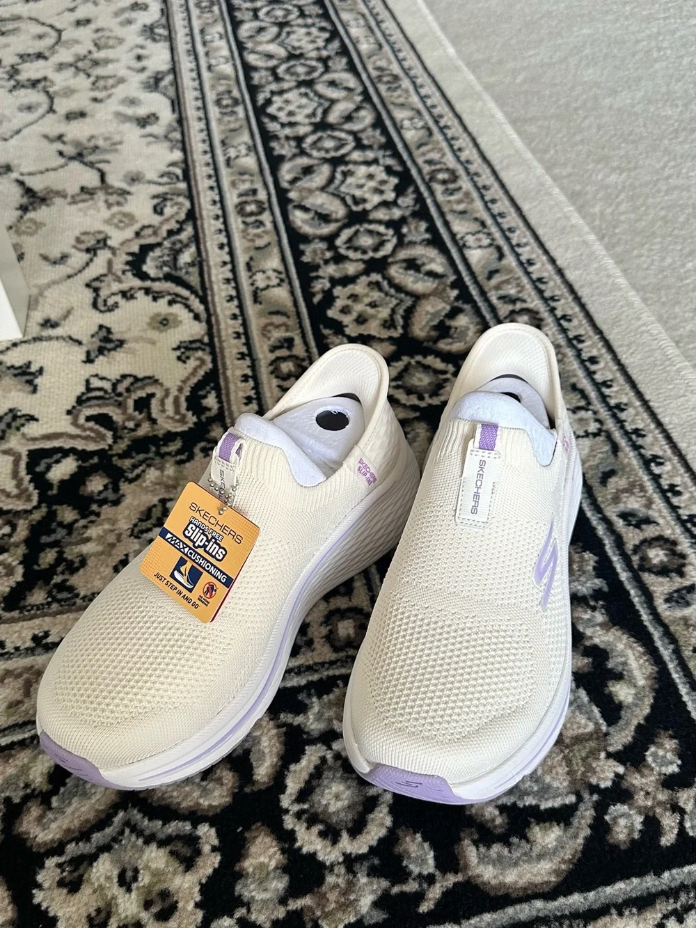 Skechers Women's Slip-On Knit Sneakers in Cream with Lavender Accents